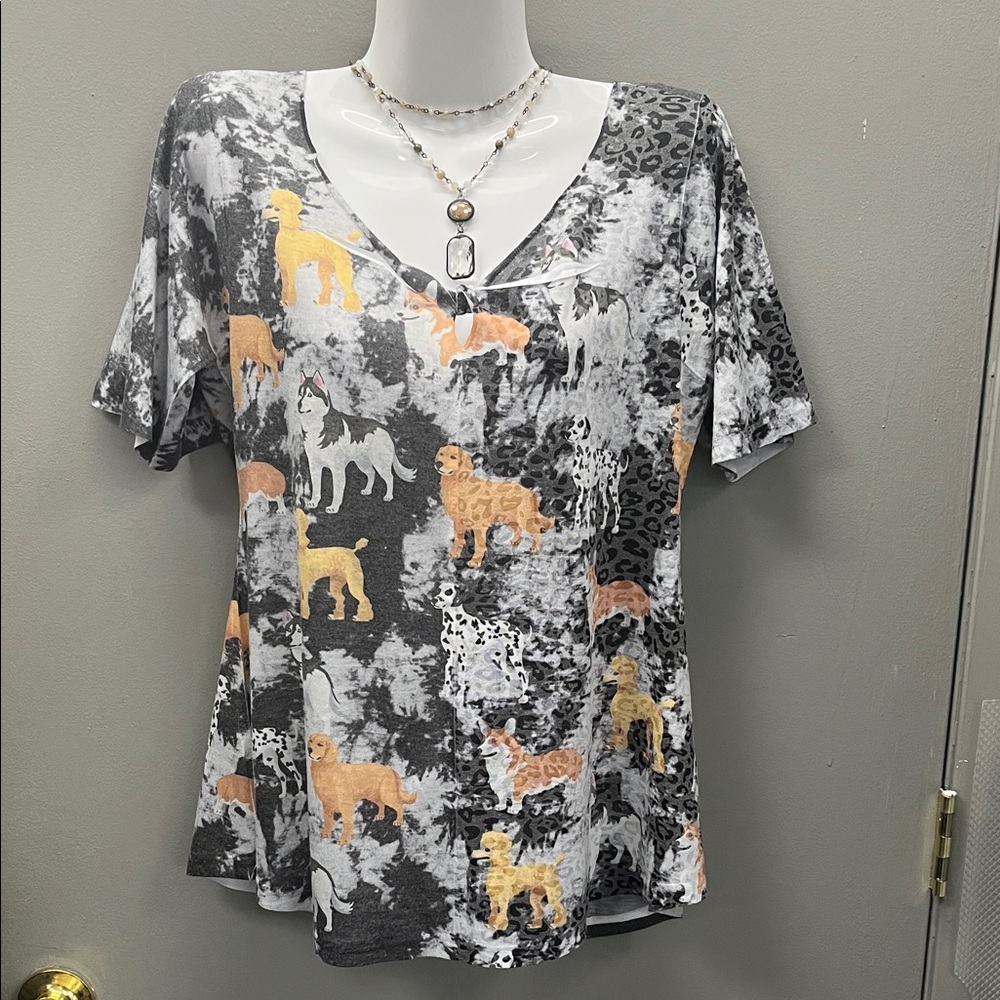 Dog Print Blouse in Gray and Orange